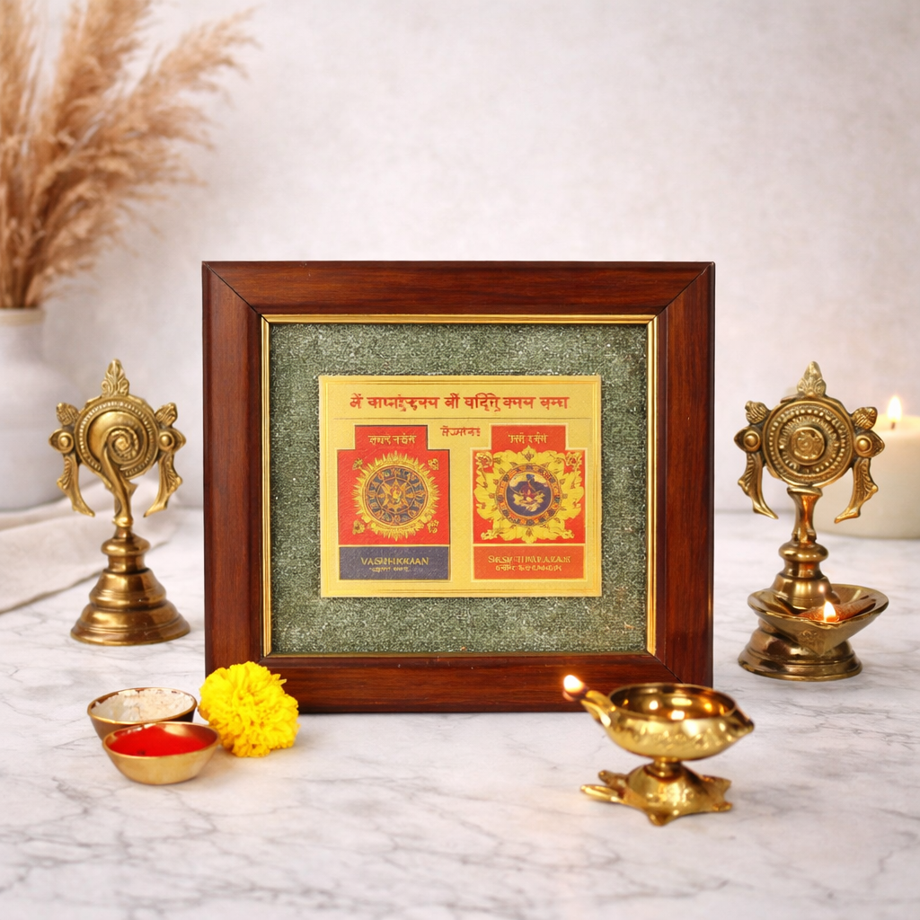 2D Yantra Frame Of Four - Shree Sampoorna Laxmi Ganesh Yantra - Pyrite Dust Frame
